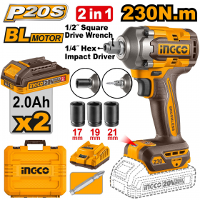 Ingco CIWLI20236 20V 230Nm 2 IN 1 Cordless Impact Driver & Impact Wrench