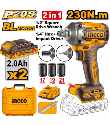 Ingco CIWLI20236 20V 230Nm 2 IN 1 Cordless Impact Driver & Impact Wrench
