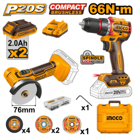 Ingco CKLI20766 20V Impact Brushless Cordless Drill With Mini Cut-Off Tool Combo Kit