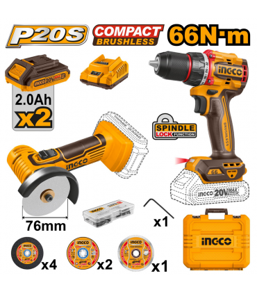 Ingco CKLI20766 20V Impact Brushless Cordless Drill With Mini Cut-Off Tool Combo Kit