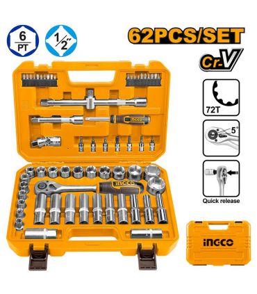 Ingco HKTS12602 1/2" Drive Socket Set - 62 Pieces