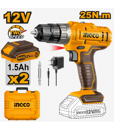 Ingco CDLI1228 2 x 12V Lithium-Ion 1.5 Ah 25Nm Cordless Drill Driver Set