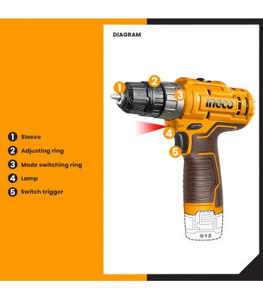 Ingco CDLI12202 12V Lithium-Ion 20Nm Cordless Drill