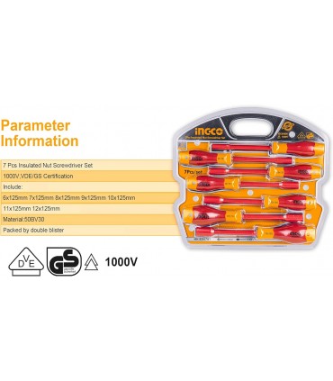 Ingco HKISD0701 7-Piece 1000V Insulated Nut Screwdriver Set