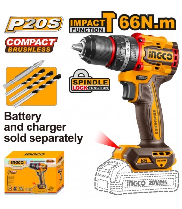 Ingco CIDLI206681 20V Compact Brushless Cordless Impact Drill - Bare Unit