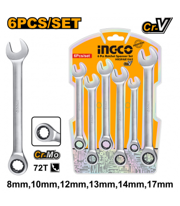 Ingco HKSPAR1062 6-Piece Cr-V Steel Ratchet Spanner Set