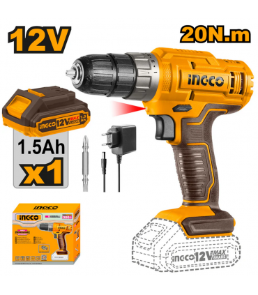 Ingco CDLI1218 12V Lithium-Ion 1.5Ah 20Nm Cordless Drill Set
