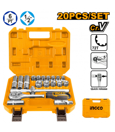 Ingco HKTS12201 1/2" Socket Set With Ratchet Handle - 20 Pieces