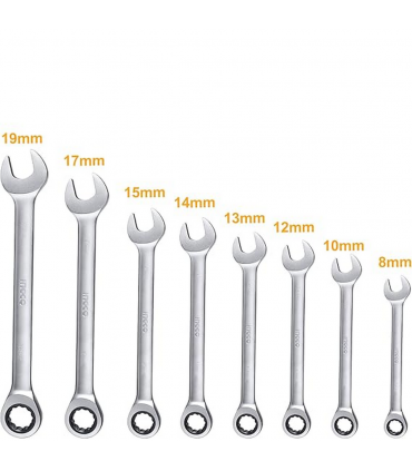 Ingco HKSPAR1082 Industrial Ratchet Spanner Combo Set - 8 Pieces
