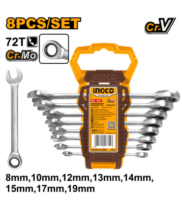 Ingco HKSPAR1082 Industrial Ratchet Spanner Combo Set - 8 Pieces