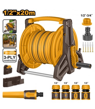 Ingco HHR20124 3-Ply 20M Quick Connectors Hose Reel with Nozzle Set