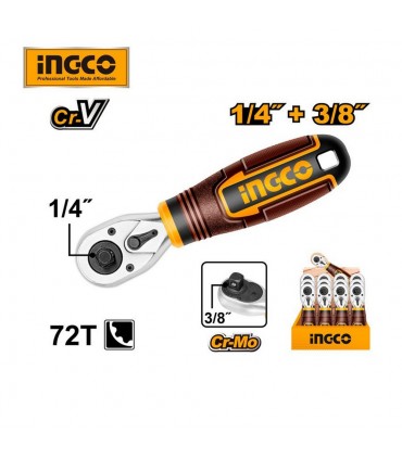 Ingco HRTH081438 1/4 x 3/8 Inch 72 Teeth Stubby Ratchet Handle