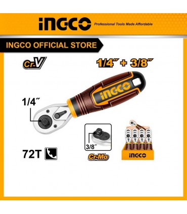 Ingco HRTH081438 1/4 x 3/8 Inch 72 Teeth Stubby Ratchet Handle