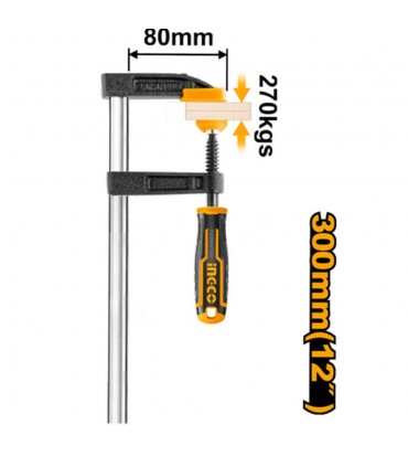 Ingco HFC020802 80 x 300mm Sturdy Bar F Clamp with Plastic Handle