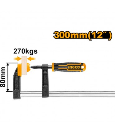 Ingco HFC020802 80 x 300mm Sturdy Bar F Clamp with Plastic Handle