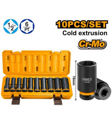 Ingco HKISSD12102L 1/2" Drain Cr-Mo Deep Impact Socket Set - 10 Pieces