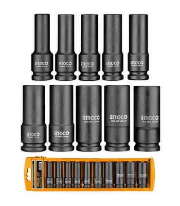 Ingco HKISSD12102L 1/2" Drain Cr-Mo Deep Impact Socket Set - 10 Pieces