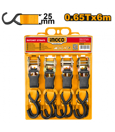 Ingco HRSP065607 25X6mm 0.65T Rachet Strap Set With Hook - 4 Pieces