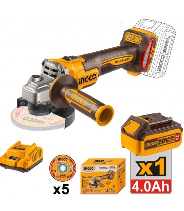 Ingco CAGLI261021 20V Lithium-Ion 4.0 Ah Cordless Angle Grinder