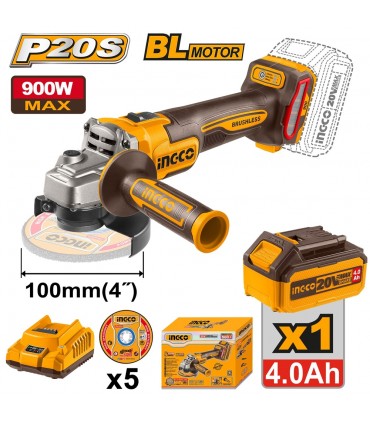 Ingco CAGLI261021 20V Lithium-Ion 4.0 Ah Cordless Angle Grinder