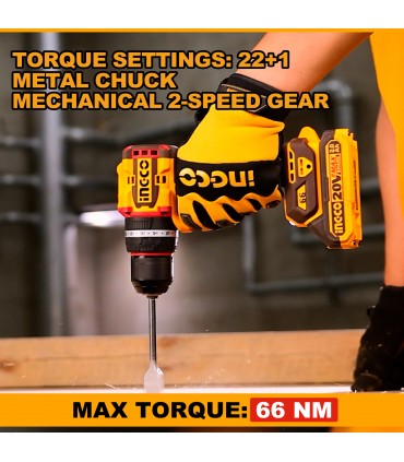 Ingco CIDLI20668 20V Max Lithium-Ion Compact Brushless Cordless Impact Drill