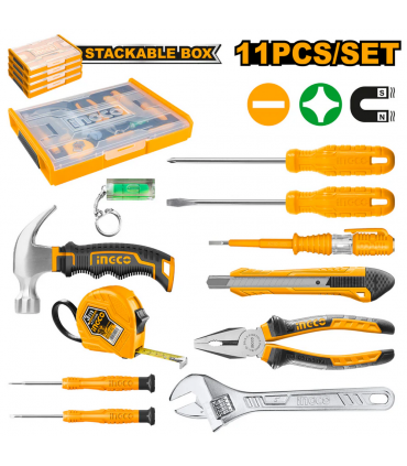 Ingco HKTV01H111 Household Hand Tools Set with Plastic Box - 11 Pieces