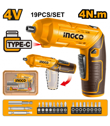 Ingco CSDLI04425 4V Lithium-Ion Fast Charging 4Nm Cordless Screwdriver Set - 19 Bits
