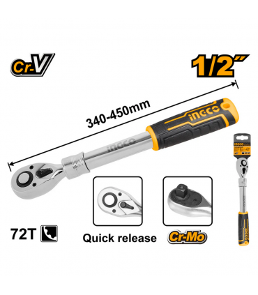 Ingco HRTH08128L 320-450mm 72T 1/2" Drain Extendable Ratchet Wrench