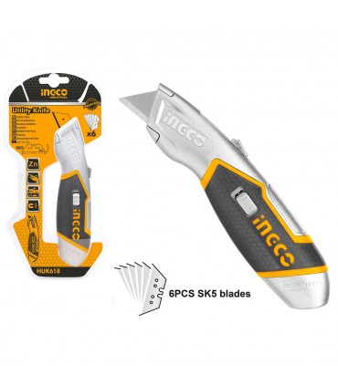 Ingco HUK618 6 Pcs SK5 Blades HD Grip Retractable Utility Knife