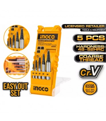 Ingco ASE008 5 Pcs Durable Steel Easy Out Screw Extractor Set