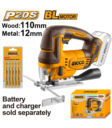 Ingco CJSLI1008 20V Cordless Jig Saw with Saw Blades - Bare Unit