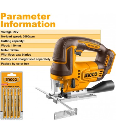 Ingco CJSLI1008 20V Cordless Jig Saw with Saw Blades - Bare Unit