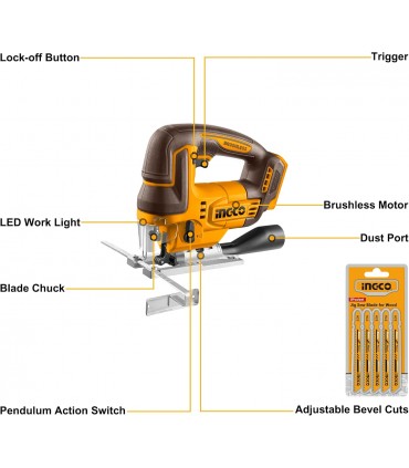 Ingco CJSLI1008 20V Cordless Jig Saw with Saw Blades - Bare Unit