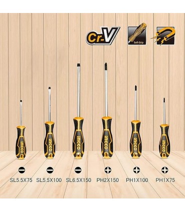 Ingco HKSD0628 6 Pcs Magnetic Tips Ergonomic Handle Screwdriver Set