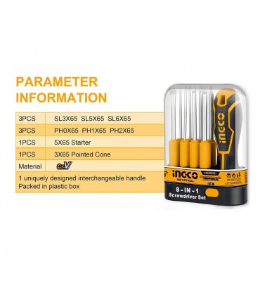 Ingco AKISD0901 9 Pcs Interchangeable Blades Magnetic Tips Screwdriver Set