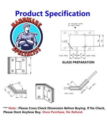 Hardware Specialist 135° Glass Door Shower Screen Hinges - Polished Chrome
