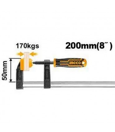 Ingco HFC020502 50 x 200mm Capacity Plastic Grip F Clamp Tool