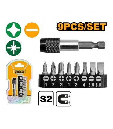 Ingco AKSD0071 9 Pcs Durable Magnetic Precision Screwdriver Bits Set