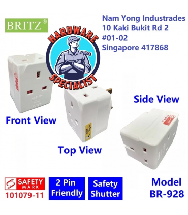 Britz BR-928 Safety Mark Passed 3 Way Adaptor Power Socket - 2 x UBS Port