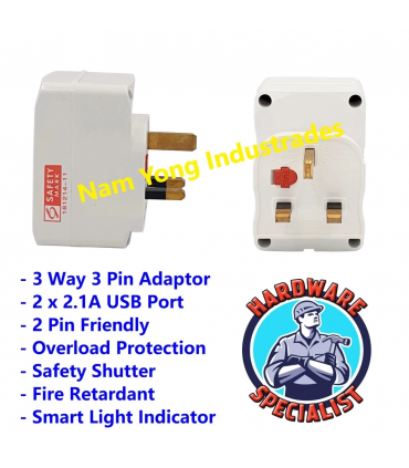 Britz BR-928 Safety Mark Passed 3 Way Adaptor Power Socket - 2 x UBS Port