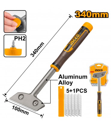 Ingco HGS3088 340mm Metal Scraper with 6 Pieces SK5 Knife Blade
