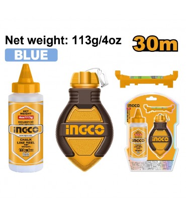 Ingco HCLR0130 30 m Chalk Line Reel with 4oz Blue Powder & Bubble Level