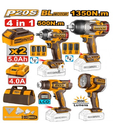 Ingco COSLI241293 1/2" + 3/4" Impact Wrenches + Heat Gun + LED Work Light Combo Kit