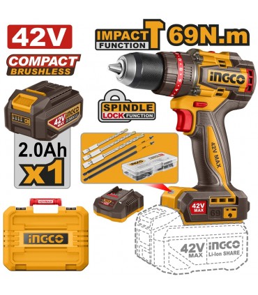Ingco CIDLI426981 42 V 69 Nm Cordless Brushless Impact Drill Kit