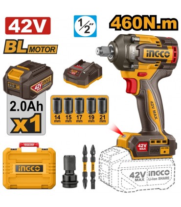 Ingco CIWLI42461 42V Cordless Brushless Impact Wrench Kit