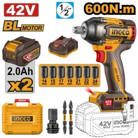 Ingco CIWLI42602 42V Brushless 600Nm Cordless Impact Wrench Kit