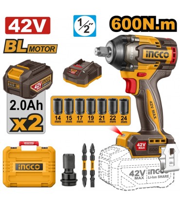 Ingco CIWLI42602 42V Brushless 600Nm Cordless Impact Wrench Kit
