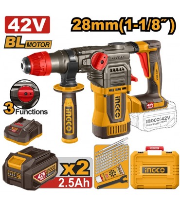 Ingco CRHLI422882 42V Brushless 28mm Cordless Rotary Hammer Drill Kit