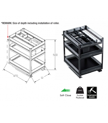 ecoWare Three Layers Double Deck Basket with Undermount Soft Closing Slide - Dark Grey