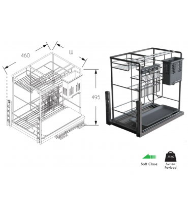 ecoWare T-Line Multi-Function Basket with Undermount Soft Closing Slide - Dark Grey